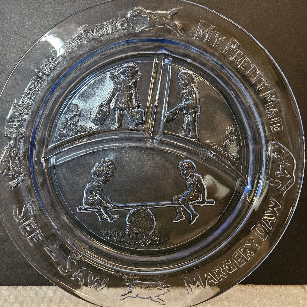 Vintage Blue "See-Saw Margery Daw" Tiara Indiana Glass Divided Child Plate